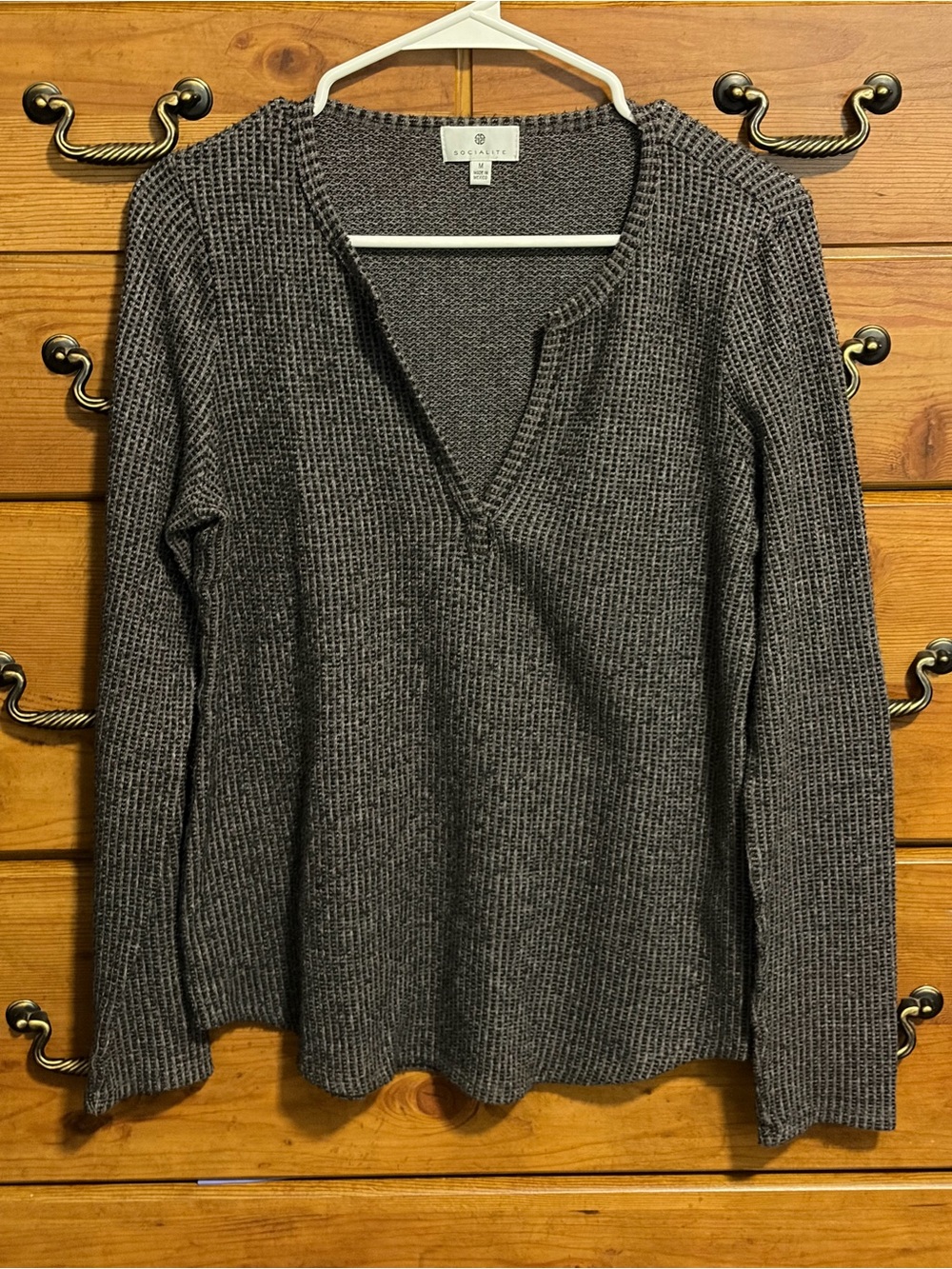 Socialite Gray V-Neck Waffle Knit Sweater